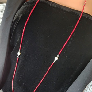 Naszyjnik Koralowiec Długi Czerwony Sznur Koralików z Perłami nasz24.118