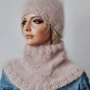 Moherowy komplet czapka  i komin w kakaowym beżu