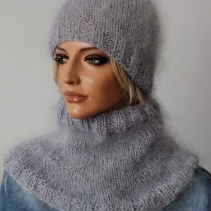 Moherowy komplet czapka  i komin w szarości