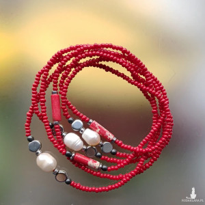 Naszyjnik Koralowiec Długi Czerwony Sznur Koralików z Perłami i Kulkami Hematytu nasz24.119