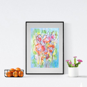 kwiaty obraz malowany ręcznie, kwiatki rysunek 30x40, boho grafika na ścianę, kolorowa akwarela do salonu, nowoczesny rysunek do sypialni, oryginalny obrazek A3