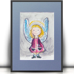 akwarela z aniołkiem, obrazek z aniołkiem, ręcznie malowany obraz A4, aniołek rysunek 21x30, anioł do pokoju dziecka, prezent dla dziewczynki, rysunek z aniołkiem