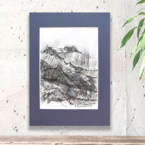biało czarny rysunek ręcznie malowany, górski pejzaż A4, góry rysunek 21x30, nowoczesny obraz  z górami, minimalizm grafika na ścianę, góry szkic, skandynawski obraz do domu