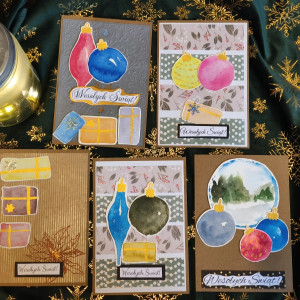 Zestaw pięciu unikatowych kartek świątecznych ręcznie wykonanych z elementami akwareli