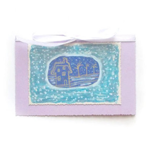 fioletowa kartka na Boże Narodzenie, zimowa kartka z domkiem, świąteczne kartki ręcznie rysowane, noworoczne kartki bez życzeń, domek kartka, kartka z domkiem, dom kartka, kartka z domem, kar