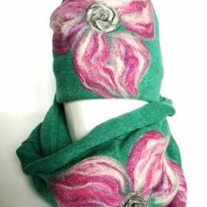 komplet wełniany turkusowy wełna merynosy kwiaty