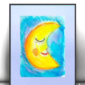 bajkowy rysunek z księżycem, księżyc obrazek 30x40, akwarela, kolorowy rysunek do dziecięcego pokoju, obraz ręcznie malowany