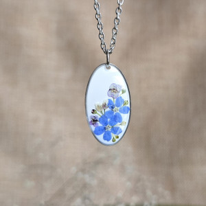 Srebrna zawieszka srebrny wisiorek naszyjnik żywica z żywicy kwiaty z kwiatami jajowata retro naturalna dziewczęca kobieca białe