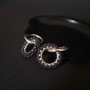 Geometryczne Kolczyki Koła Z Koralików w Kolorze Fioletu i Srebra