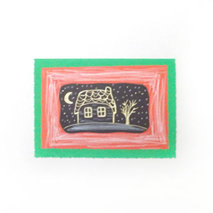 zielono czerwona kartka na Boże Narodzenie, bajkowa kartka z domkiem,  świąteczne kartki ręcznie malowane, noworoczne kartki bez tekstu, domek kartka na Nowy Rok