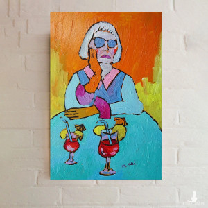 obraz ręcznie malowany portret divy babci z drinkiem