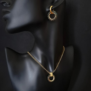 Zielono-Złoty Delikatny Zestaw Biżuterii - Naszyjnik i kolczyki z okrągłymi zawieszkami z koralików