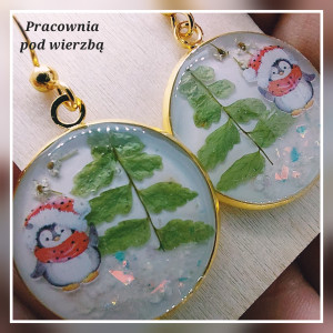 Kolczyki wiszące zimowe pingwinek paproć dzika marchew krajobraz zimowy