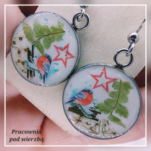 Kolczyki wiszące zimowe ptaszki paproć dzika marchew krajobraz zimowy