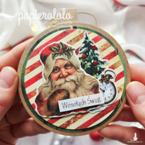 Kartka koło zawieszka bombka z Mikołajem