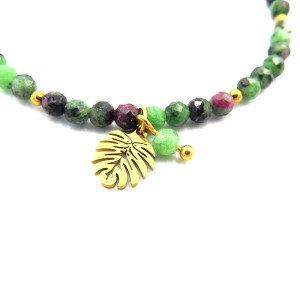 Zielona Bransoletka z Listkiem  Monstera & Zoisyt z Rubinem FOREST KISS