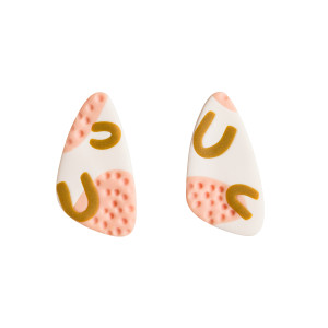 Kolczyki owalne trójkąty - abstrakcja biało różowo musztardowa