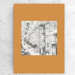 miasto plakat A4, miasto obrazek 21x30, boho plakat do domu, mały plakat z miastem, musztardowo-szary plakat na ścianę, plakat do salonu, plakat do biura, uliczka obrazek A4, uliczka plakat