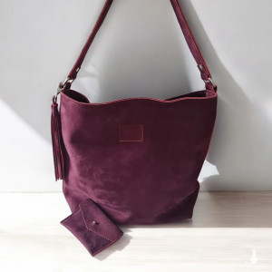 Burgundowa shopper bag z frędzlami. Duża torebka na ramię, boho. Etui gratis