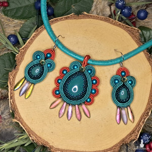 Surya - pomarańczowo zielony komplet, kolczyki i naszyjnik sutasz