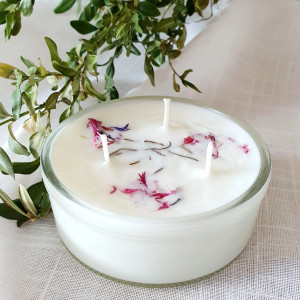 Świeca sojowa o zapachu citronella dekorowana bławatkiem i rozmarynem, świeczka sojowa 100%