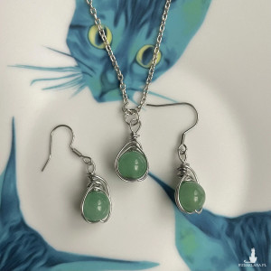 Zestaw biżuterii z zielonym awenturynem KOLCZYKI + NASZYJNIK stal chirurgiczna