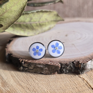 Srebrne kolczyki wkręty sztyfty żywica z żywicy kwiaty z kwiatami suszone prawdziwe kwiaty retro vintage kobiece na prezent delikatne niebieskie niezapominajki niezapominajkami