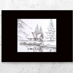 czarno biały plakat A4, biało czarny plakat z krajobrazem, pejzaż plakat, skandynawski plakat na ścianę, chatka plakat do domu, plakat z pejzażem, biało czarny obrazek A4, obrazek z chatką