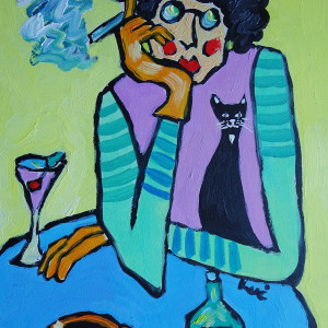 obraz ręcznie malowany portret babcia z drinkiem prezent na dzień babci