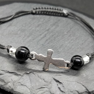 Bransoletka z krzyżykiem,stal chirurgiczna,czarny turmalin