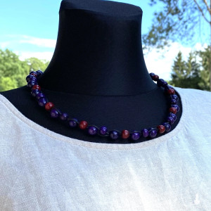 Naszyjnik kolorowe drewniane koraliki / bordowy i fioletowy