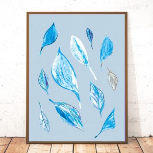 30x40 grafika liście, nowoczesny plakat A3, niebieski plakat do domu, boho dekoracja na ścianę