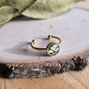 Złoty pierścionek regulowany kwiaty z kwiatami dzika marchew żywica kwiatem duży zielony brokatowy