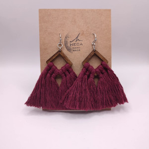 Kolczyki boho makrama puchate wiszące lekkie - BORDOWE