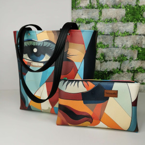 Torebka damska  shopper bag z kosmetyczką torebka na ramię zamykana ekoskóra - oczy