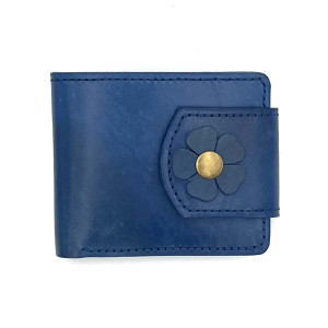 Niebieski portfel damski skórzany ręcznie uszyty na bilon i karty.