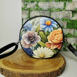 Okrągła torebka damska listonoszka okrąglak round bag ekoskóra - kwiaty