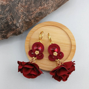 Kolczyki sutaszowe sutasz/soutache burgundowe z kryształkami i kwiatami DAISY 006/25