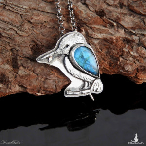 Wisiorek - broszka srebrna Zimorodek z labradorytem