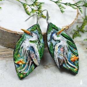 Duże kolczyki z czaplą siwą - unikat