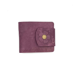 Fioletowy portfel skórzany ręcznie uszyty na bilon.