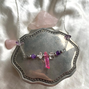 walentynkowy naszyjnik kwarc barwiony, ametyst, kryształ górski, fluoryt