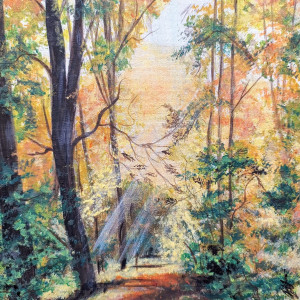 OBRAZ RĘCZNIE MALOWANY AKRYLOWY "W ZŁOTEJ POŚWIACIE" - 30x24cm