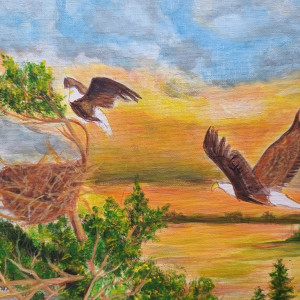 OBRAZ RĘCZNIE MALOWANY AKRYLOWY "WSPÓLNE GNIAZDKO" - 30x24cm