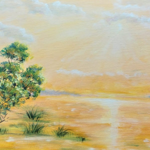 OBRAZ RĘCZNIE MALOWANY AKRYLOWY "TONĄC W ŻÓŁCIENIACH" - 30x24cm