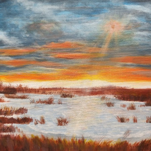 OBRAZ RĘCZNIE MALOWANY AKRYLOWY "ORANŻOWY GRANAT" - 30x24cm