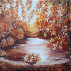 OBRAZ RĘCZNIE MALOWANY AKRYLOWY "CZERWIEŃ I BRĄZ" - 30x24cm