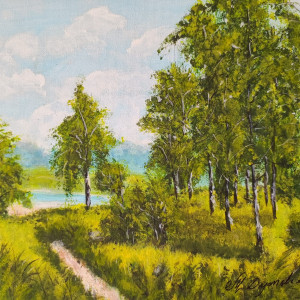 OBRAZ RĘCZNIE MALOWANY AKRYLOWY "BRZOZOWĄ POLANĄ" - 30x24cm
