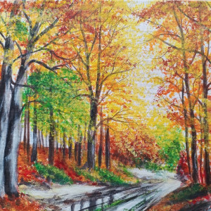 OBRAZ RĘCZNIE MALOWANY AKRYLOWY "BARWNĄ ALEJĄ" - 30x24cm