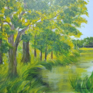 OBRAZ RĘCZNIE MALOWANY AKRYLOWY "WIOSNĄ W PARKU" - 30x24cm